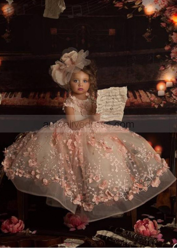 Blush Pink Pearl Beaded 3D Floral Flower Girl Dress Blush Pink Pearl Beaded 3D Floral Flower Girl Dress
